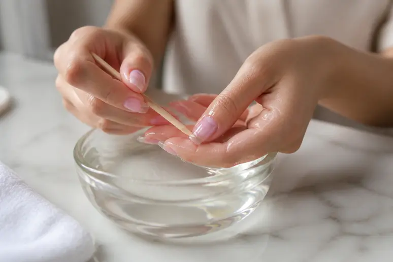 Femme retirant délicatement des faux ongles press-on à l'aide d'un bâtonnet en bois, une étape clé pour savoir comment enlever des faux ongles.