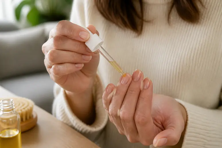 Application d'huile nourrissante sur les cuticules et ongles naturels, soin essentiel après avoir su comment enlever des faux ongles.