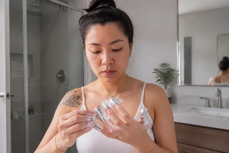 Application d'acétone pour enlever le polygel, protégeant les cuticules pour une dépose sûre.