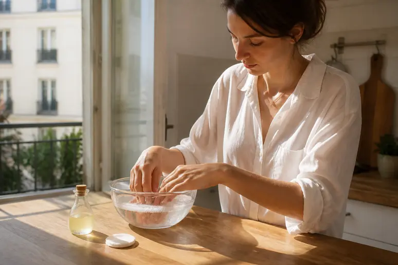 Femme enlevant son vernis classique sans dissolvant avec des ingrédients naturels à Paris.