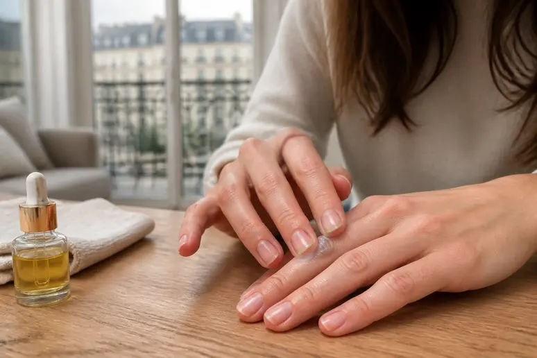 Soins des ongles après retrait de vernis, hydratation avec huile pour cuticules à Lyon.