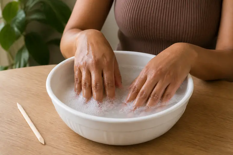 Retrait doux de faux ongles maison avec de l'eau chaude savonneuse pour préserver comment fabriquer des faux ongles.