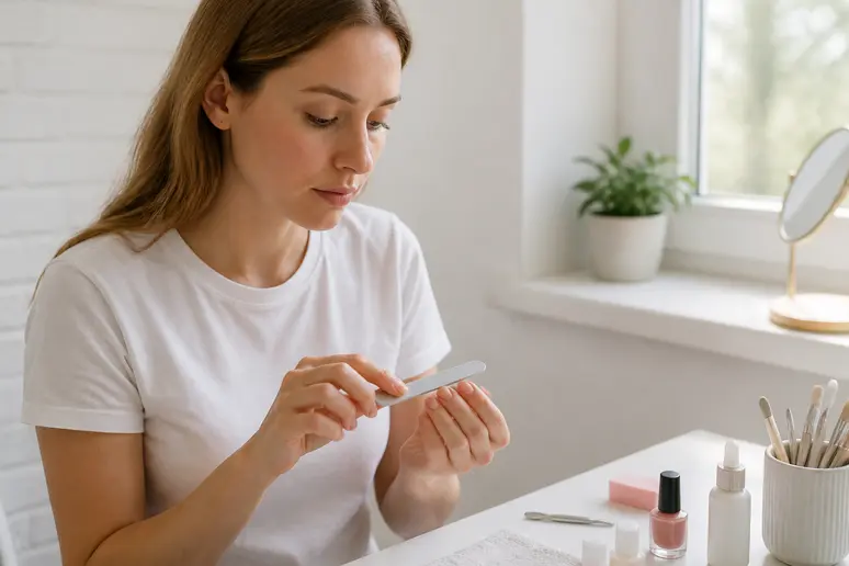 Préparation ongle pour étape vernis semi permanent : limage méticuleux pour une pose parfaite.