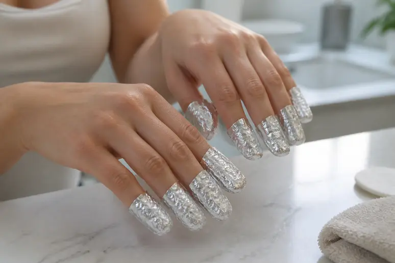Retrait étape vernis semi permanent : papillotes d'aluminium pour une dépose en douceur.