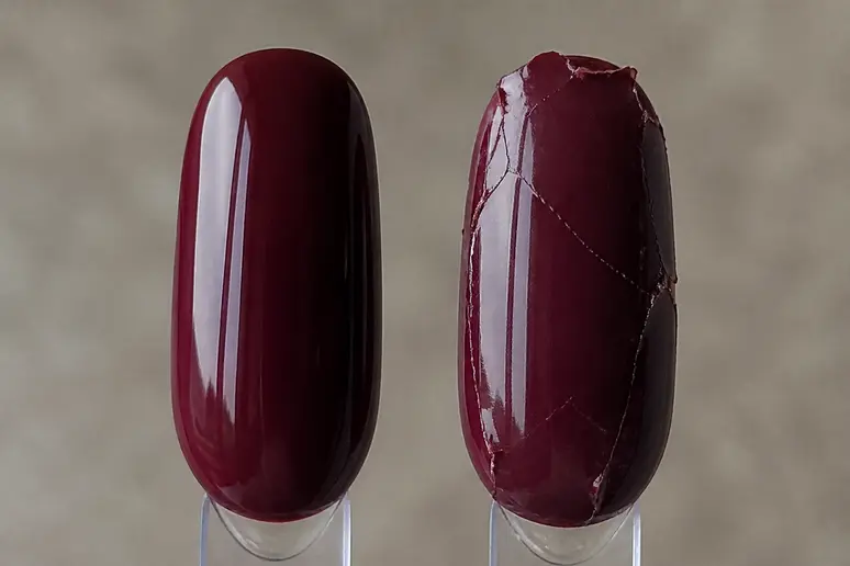 Une manucure abîmée illustre ce qui se passe si on ne dégraisse pas entre chaque couche de vernis semi-permanent.