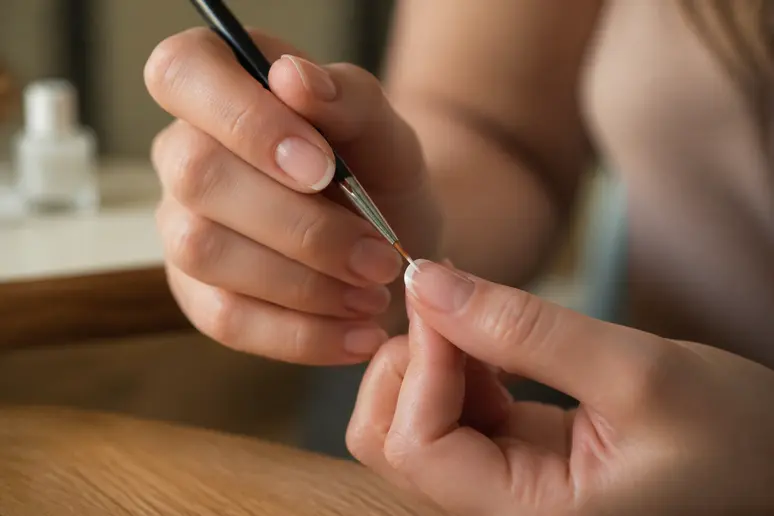 Application précise de la ligne blanche pour une french manucure au gel à la maison.