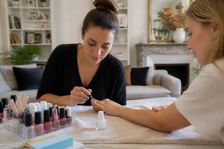 Prothésiste ongulaire appliquant une french manucure prix à domicile dans un salon lumineux.