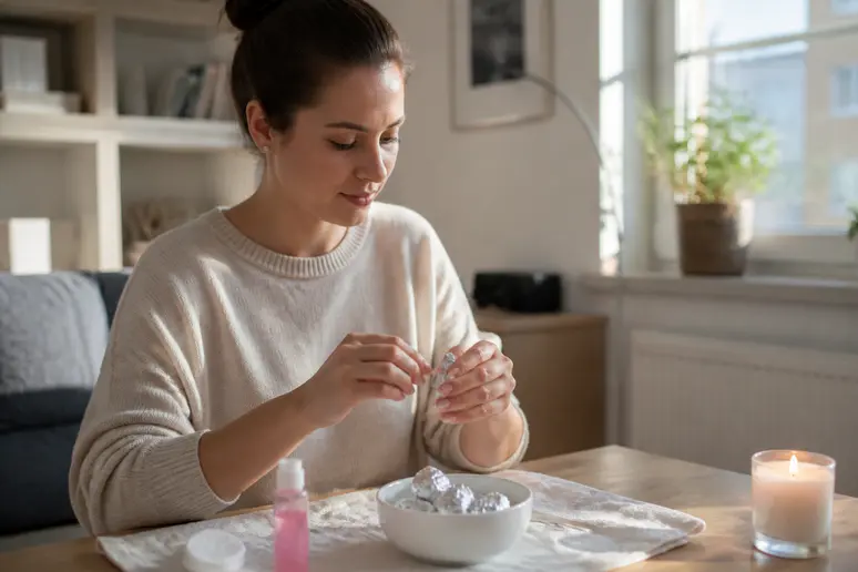 Femme retirant délicatement du papier aluminium de ses ongles pour enlever sa french manucure semi permanent.