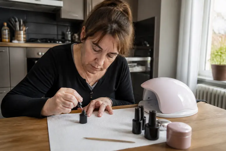 Une idée vernis semi-permanent : femme réalisant une manucure à la maison, attentive à l'application.