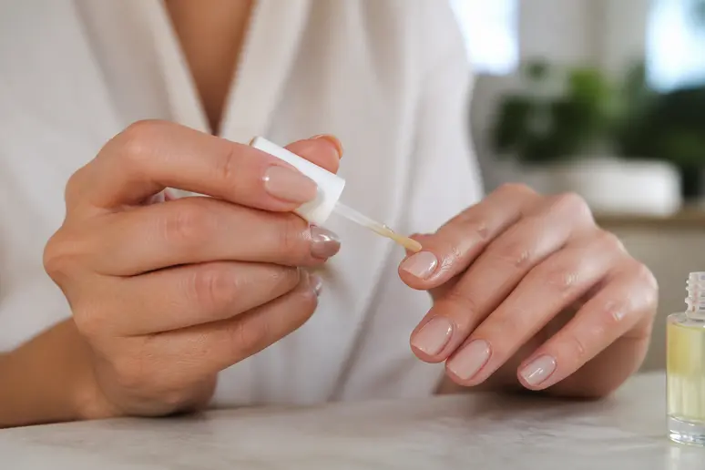 Idée vernis semi-permanent : application d'huile pour cuticules pour prendre soin des ongles.