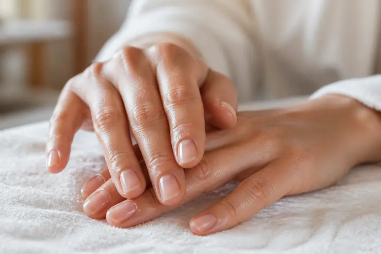 Main d'une femme appliquant de l'huile à cuticules après utilisation du kit de dépose vernis semi permanent.