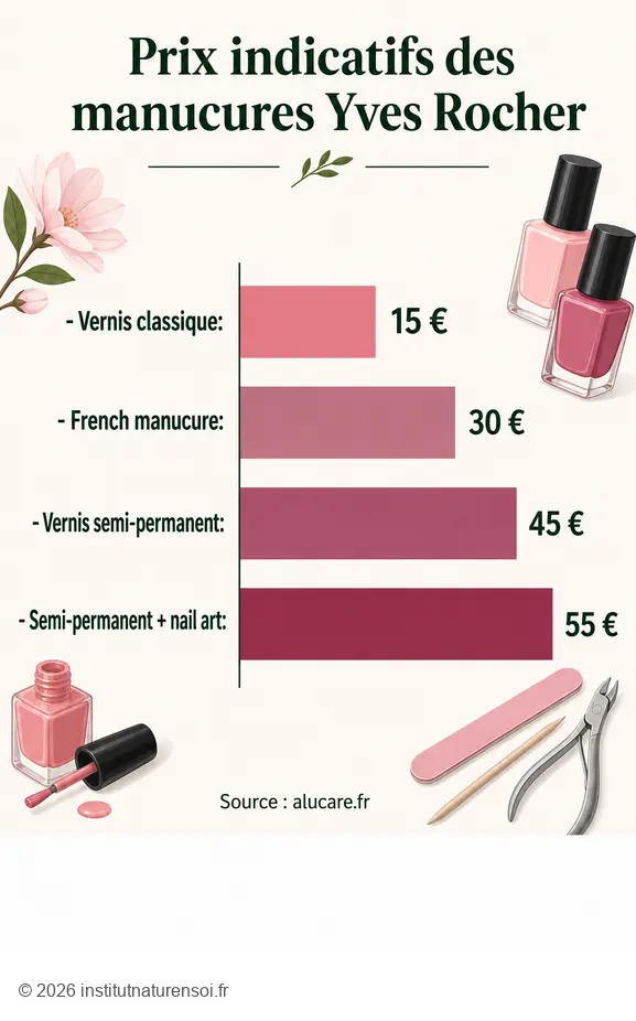 Comparaison des prix indicatifs d'une manucure Yves Rocher en 2026 pour différentes prestations.