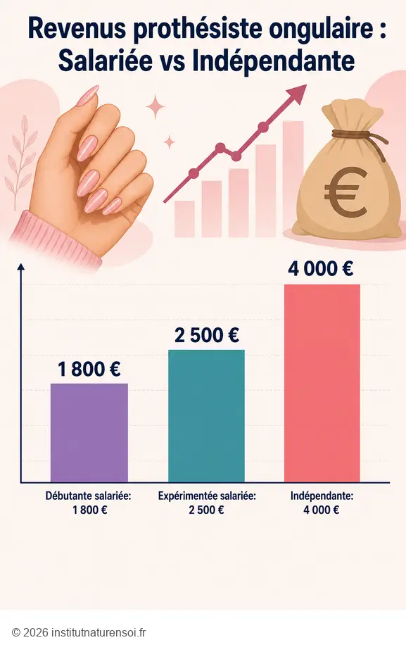 Comparaison des revenus potentiels pour la prothésie ongulaire en 2026 : salariée et indépendante.