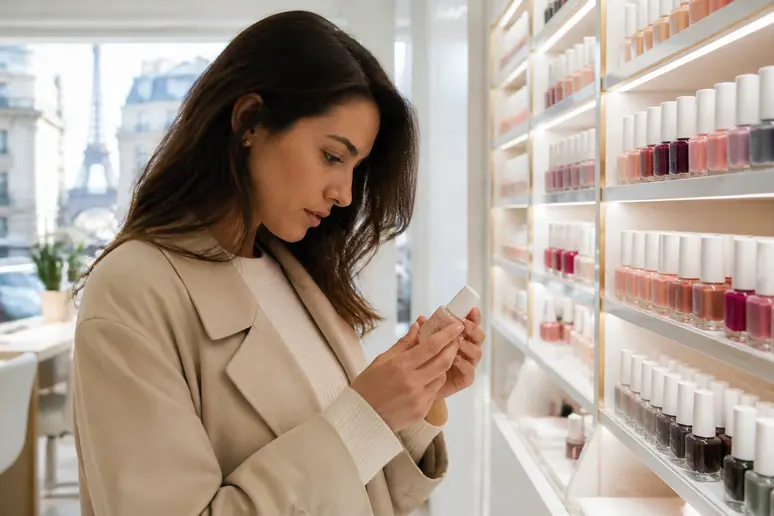 Une consommatrice attentive examine la liste des ingrédients d'un vernis semi permanent bio dans un salon.