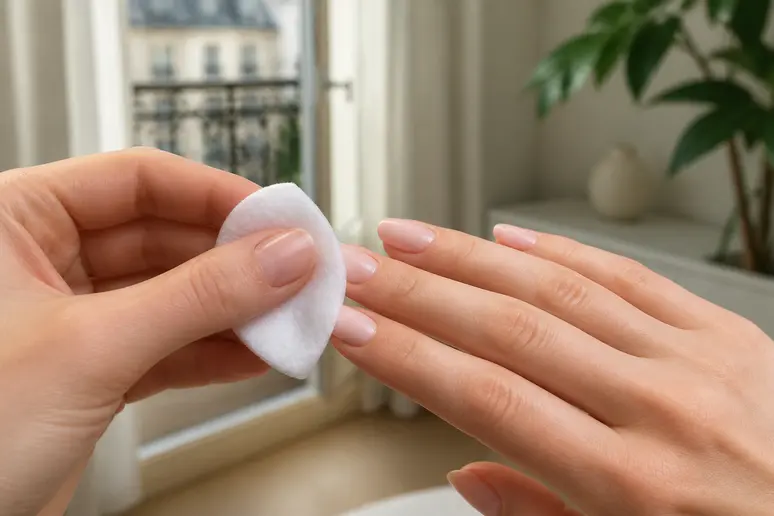Application douce d'un dissolvant pour retirer un vernis semi permanent bio sans abîmer les ongles.