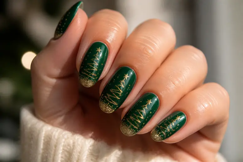 Manucure festive vernis semi-permanent fête aux nuances de Noël 2026, vert sapin pailleté or.