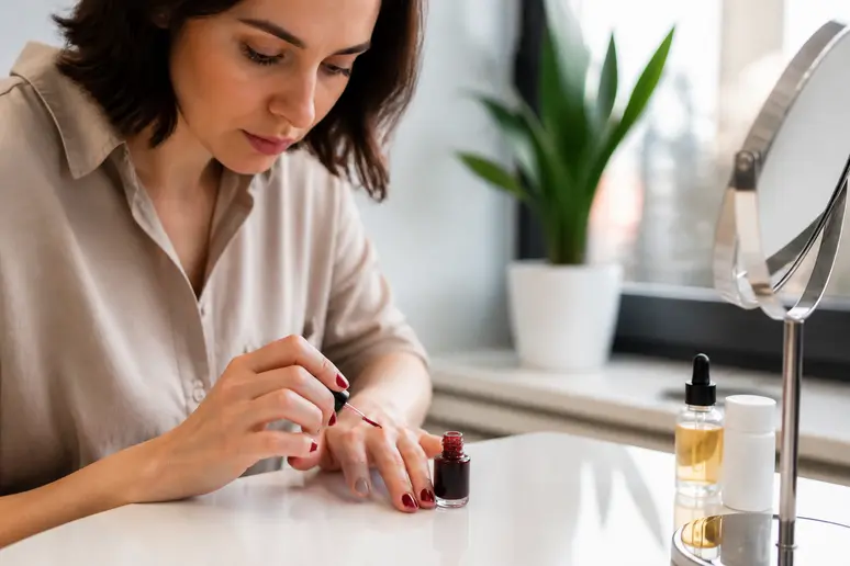 Application soignée de vernis semi-permanent ongle court avec une couleur foncée pour un effet allongeant.