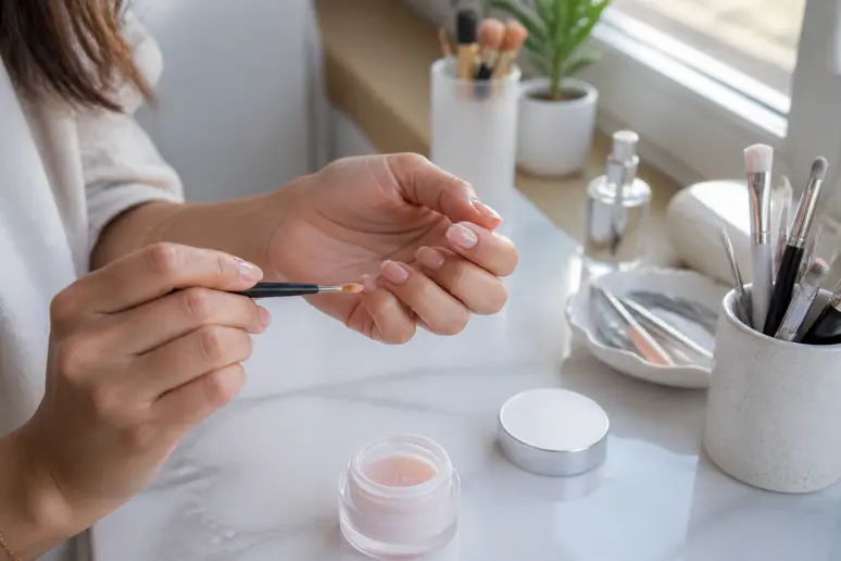 Application méticuleuse d'un vernis semi permanent renforcé pour un fini impeccable sur l'ongle naturel.