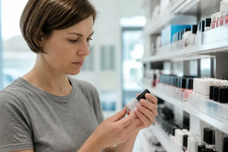 Une consommatrice vérifie la composition d'un vernis semi-permanent transparent en magasin.