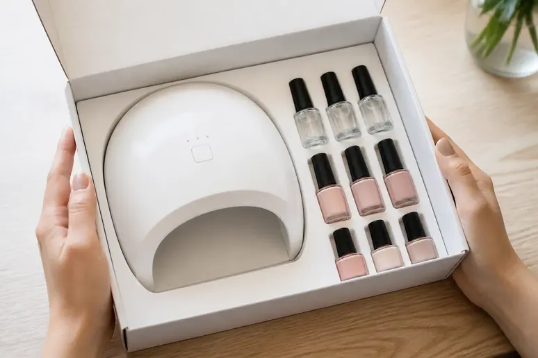 Vue rapprochée d'un kit vernis semi-permanent transparent, avec lampe LED et flacons.
