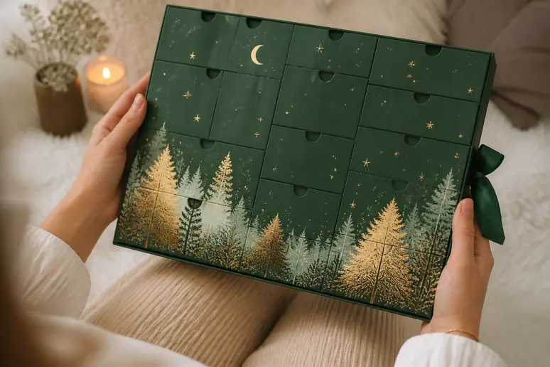 Coffret de calendrier de l'Avent manucure tenu entre les mains avant l'achat en ligne