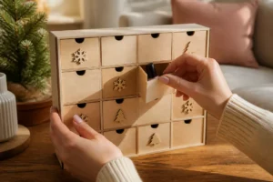 Une personne ouvre un compartiment du calendrier de l'avent manucure sur une table en bois