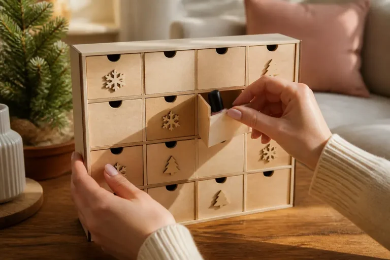 Une personne ouvre un compartiment du calendrier de l'avent manucure sur une table en bois