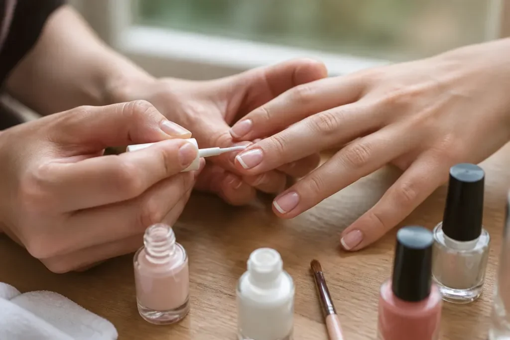 Mains soignées réalisant comment faire une french manucure sur des ongles courts naturels.