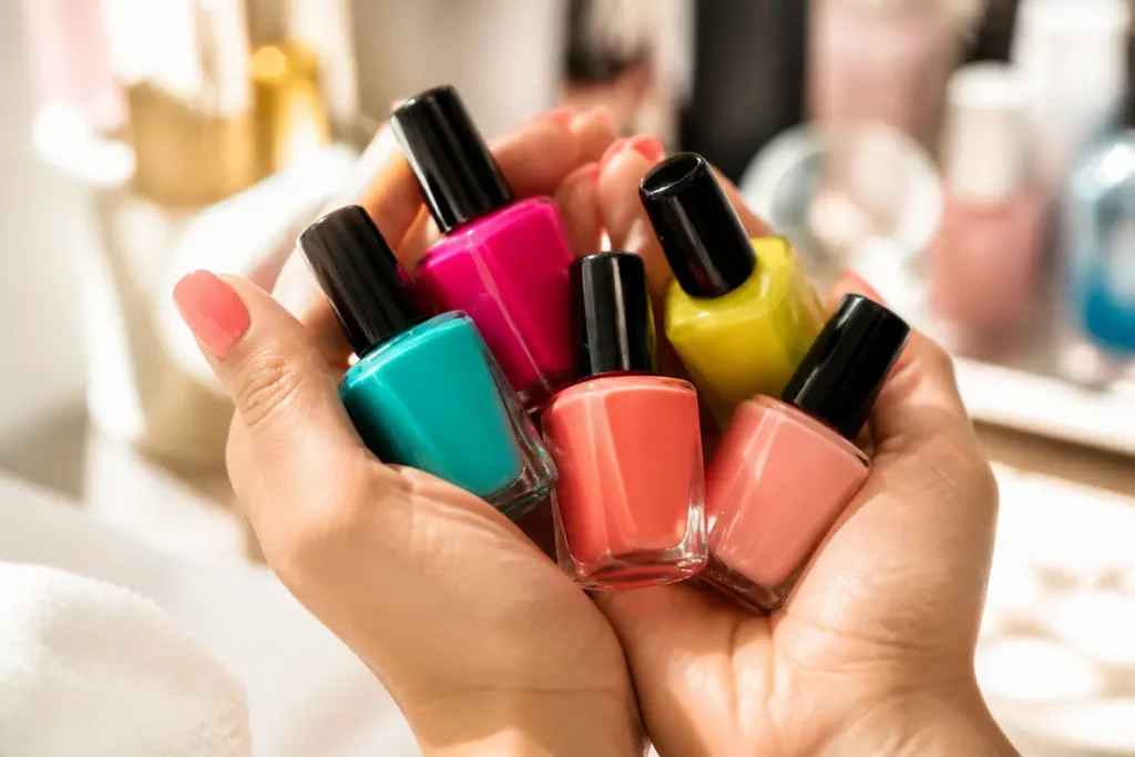 Choisir la parfaite couleur manucure été parmi une palette de vernis vibrants sur une table de salon.