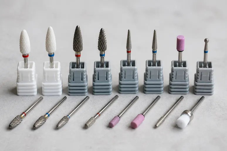 Divers embouts de ponceuse pour une manucure russe, outils essentiels pour le perfectionnement des cuticules.