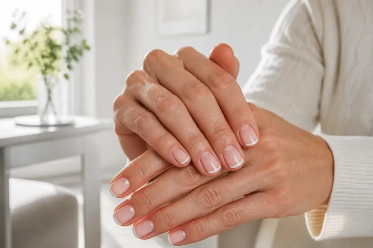 Mains aux ongles courts arborant une élégante french manucure classique et soignée
