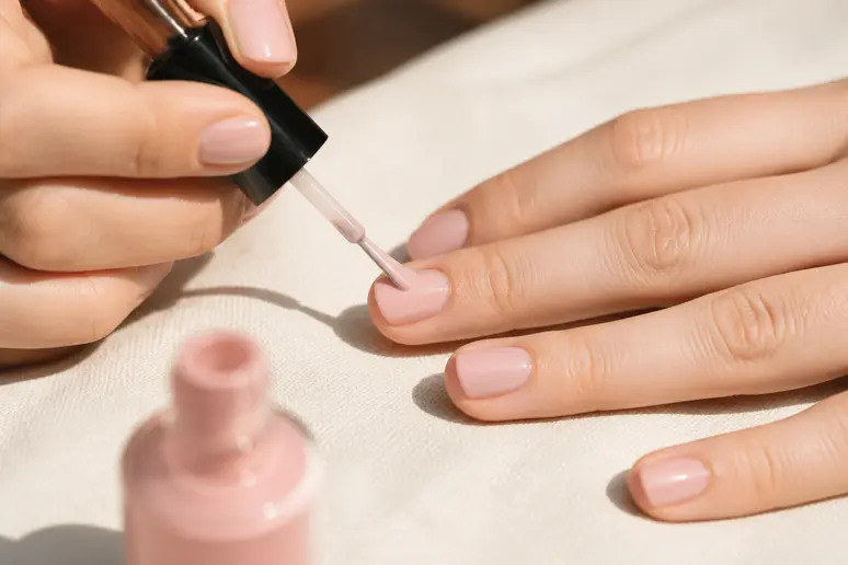 Application d'un vernis rose pâle sur des ongles pour une french manucure classique.