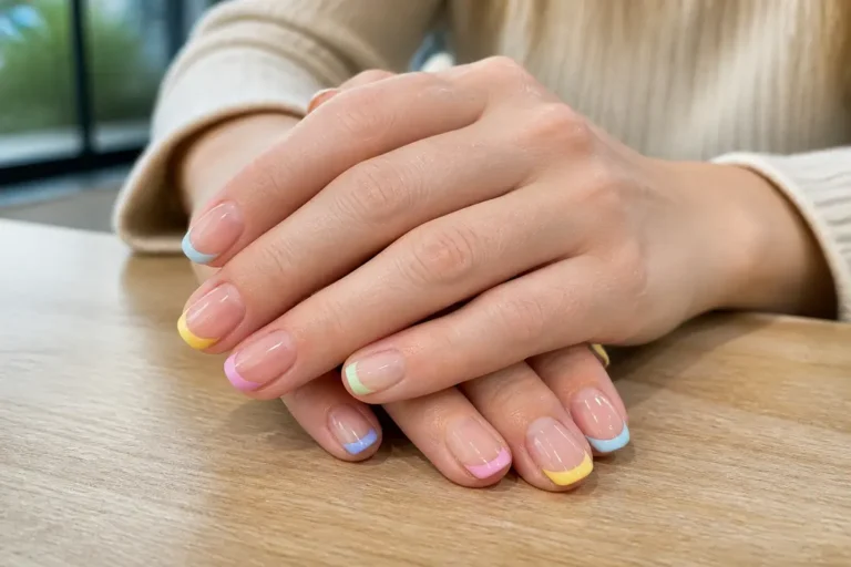 Mains aux ongles courts arborant une french manucure couleur pastel sur une table en bois
