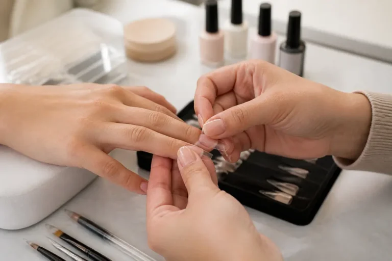 Application d'une pose gel-x pour une manucure américaine par une professionnelle.