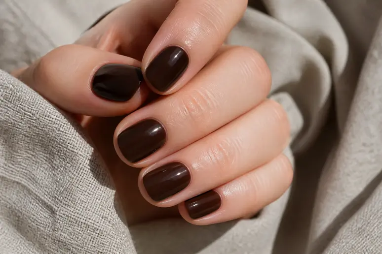 Manucure d'automne avec un vernis marron chocolat brillant sur des ongles courts