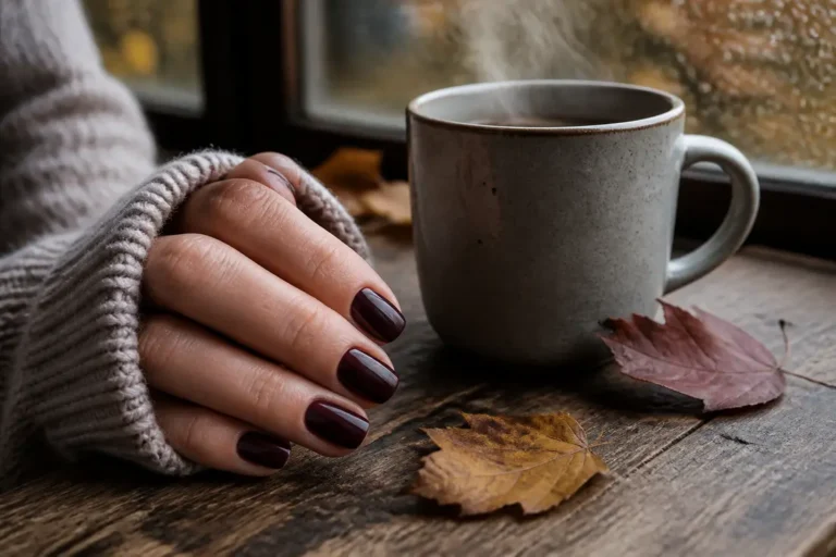 Mains aux ongles courts parfaitement vernis dans une teinte bordeaux pour une manucure automne élégante et soignée