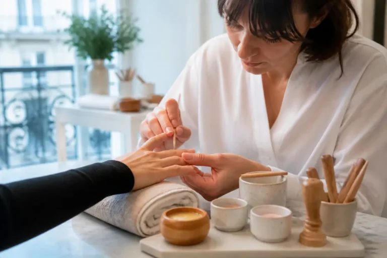 Gros plan sur une séance de manucure chinoise réalisée dans un salon parisien lumineux