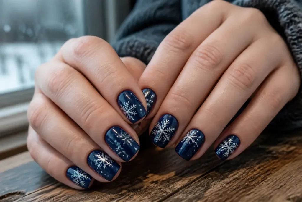 Manucure hiver stylée avec motifs de flocons de neige sur fond bleu nuit.