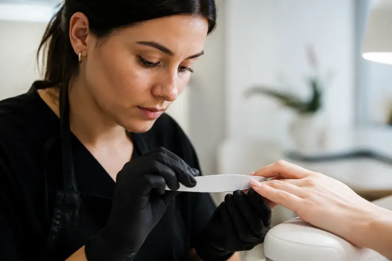 Prothésiste ongulaire effectuant un soin précis sur les mains d'une cliente en salon