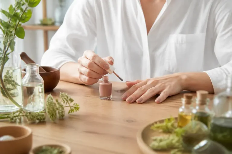 Une manucure naturelle réalisée à la maison avec des vernis biosourcés et des teintes nude.