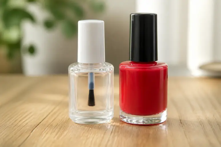 Flacon de vernis et pinceau pour une manucure de Noël soignée sur ongles courts