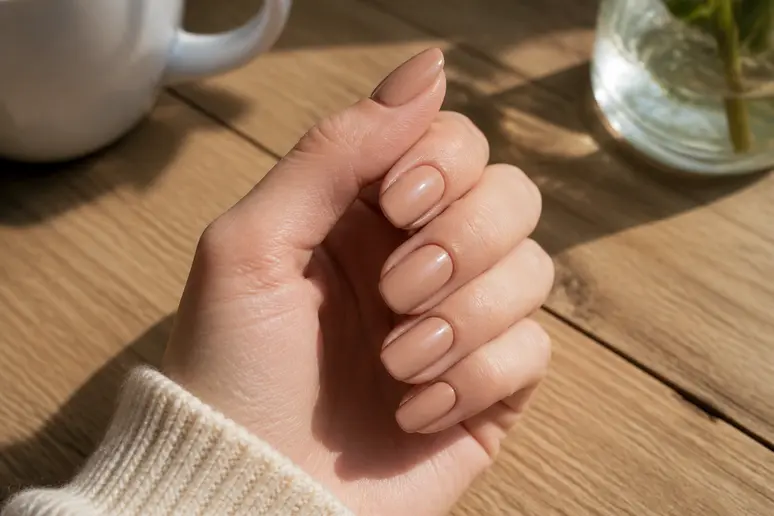 Application d'un vernis de manucure nude aux reflets chauds sur une main posée sur une table en bois clair.