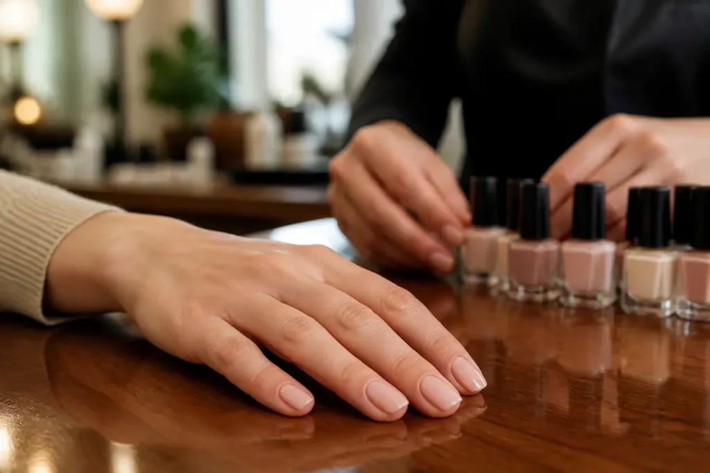 Main élégante présentant une manucure nude soignée et brillante dans un salon de beauté.