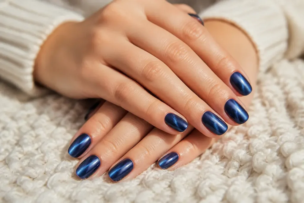 Magnifique manucure œil de chat bleue aux reflets magnétiques sur des mains soignées.
