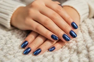 Magnifique manucure œil de chat bleue aux reflets magnétiques sur des mains soignées.
