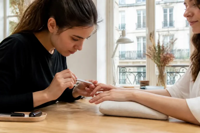Une esthéticienne prépare soigneusement les mains d'une cliente lors d'une séance de manucure ongles rongés en salon.