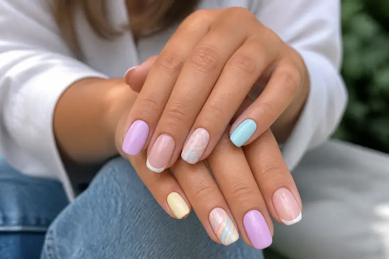 Mains présentant une manucure pastel avec une ligne French fine et un motif swirl.
