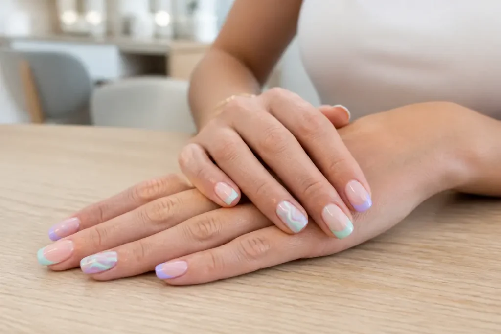 Mains présentant une manucure pastel élégante avec des motifs French et swirl tendance.