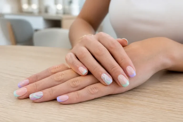 Mains présentant une manucure pastel élégante avec des motifs French et swirl tendance.