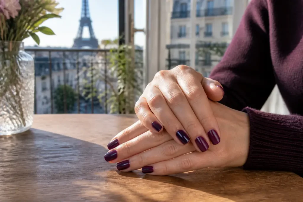 Mains élégantes avec une manucure prune brillante posées sur une table en bois clair